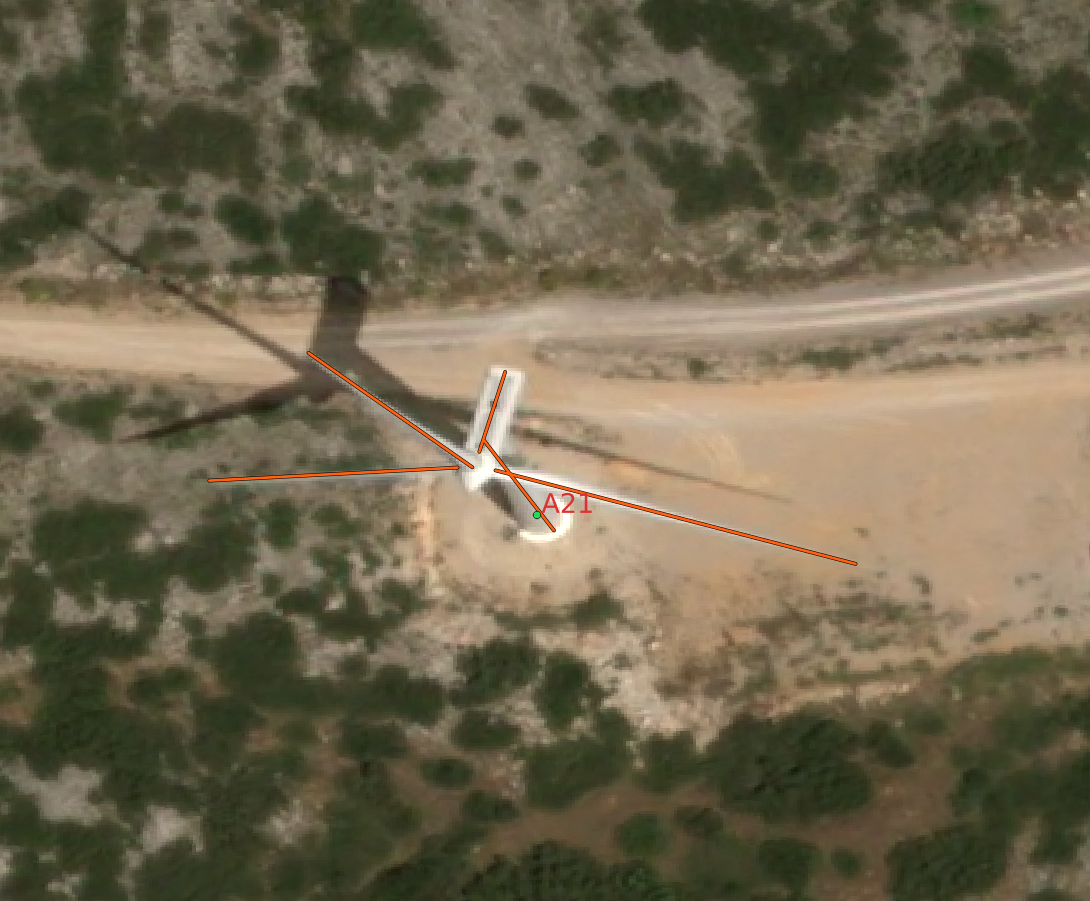 Close-up of a high-resolution satellite image with marked turbine features